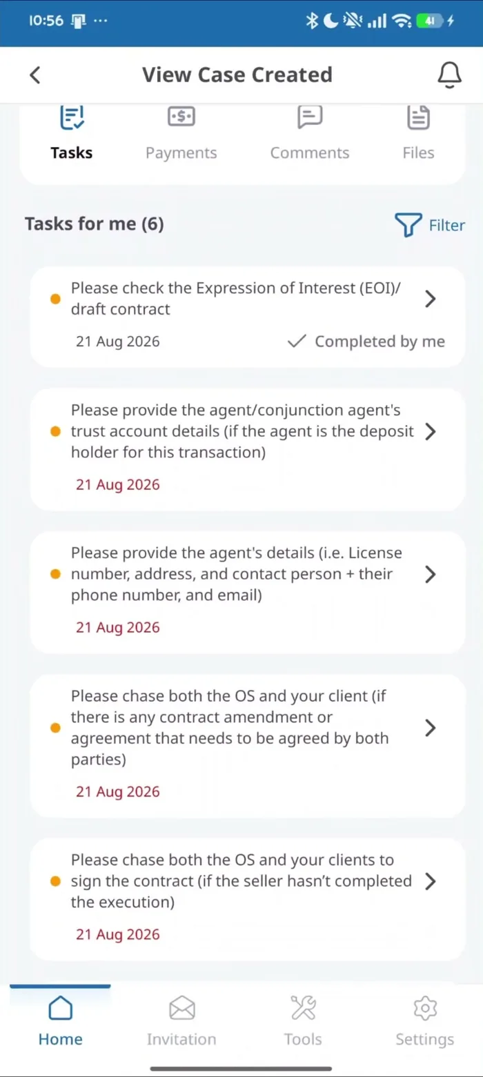 The EzyConvey agent app showing six tasks assigned to the agent, each with a due date