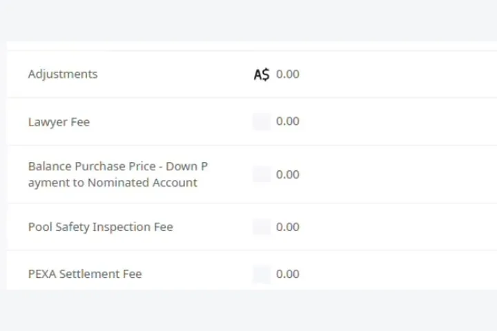 The payment list in the web app, showing the pool safety inspection fee and the PEXA settlement fee among the pre-settlement items