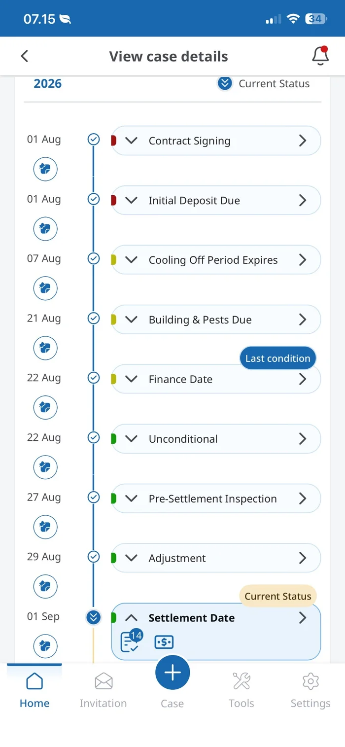 The EzyConvey lawyer app on a phone, showing a different matter as a dated timeline from contract signing through to settlement, with the current status marked