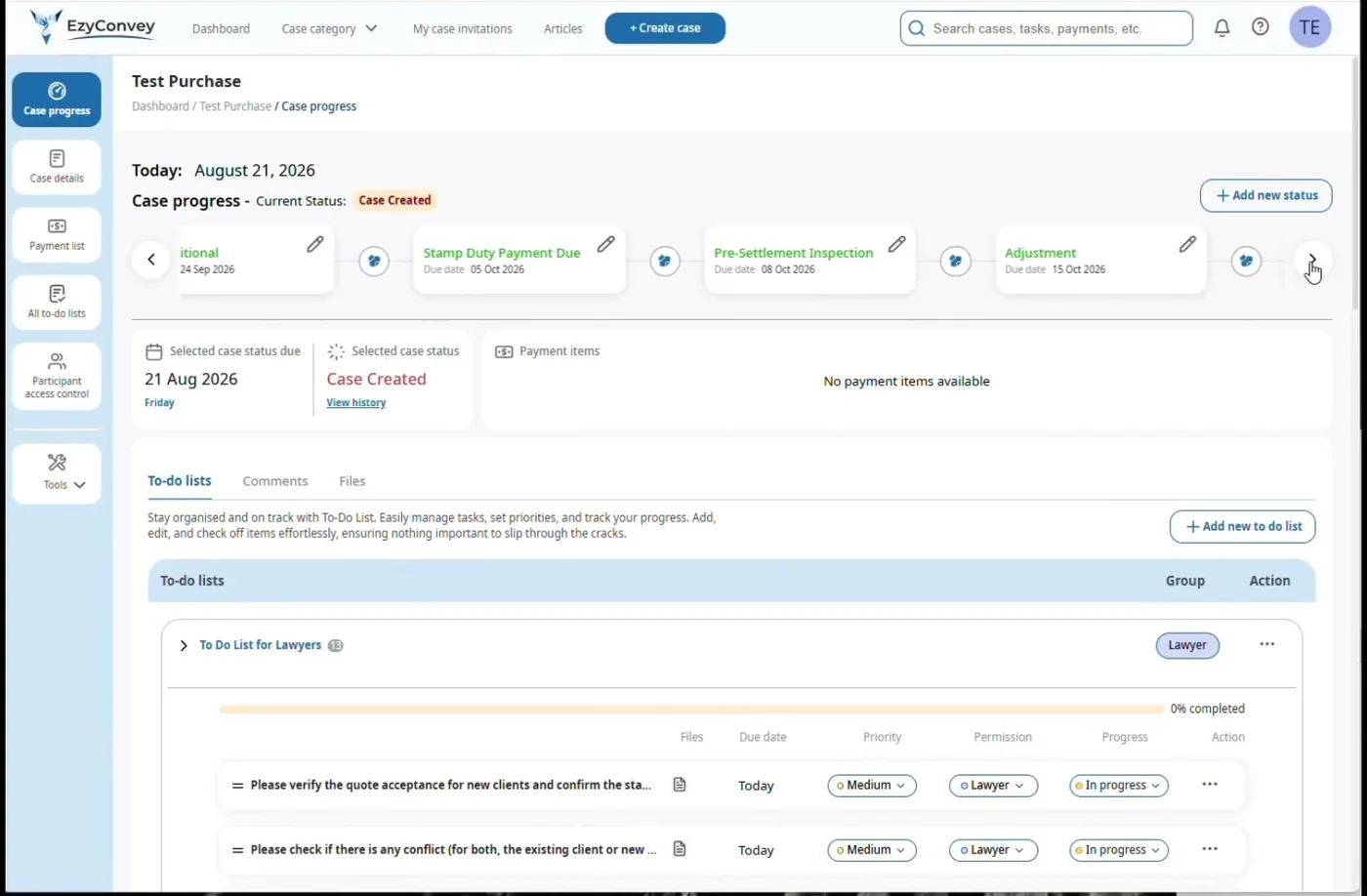 The EzyConvey web app: the case progress timeline across the top and the auto-generated To Do List for Lawyers below it